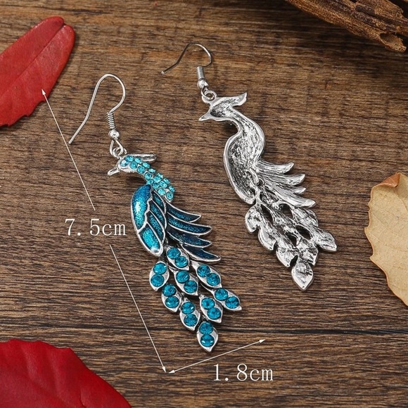 Any 4/$25! Silver Blue Crystal Peacock Drop Earrings - Picture 3 of 5